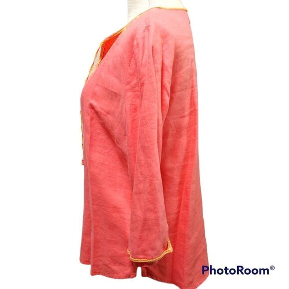 Gap large red 100% linen embroidered tie neckline quarter sleeve top - Picture 5 of 6